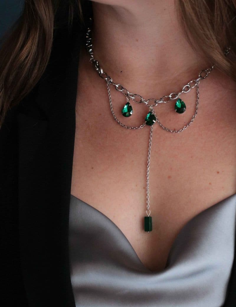 Колье ручной работы из Стразы Swarovski, Малахит, Латунь, Гематин