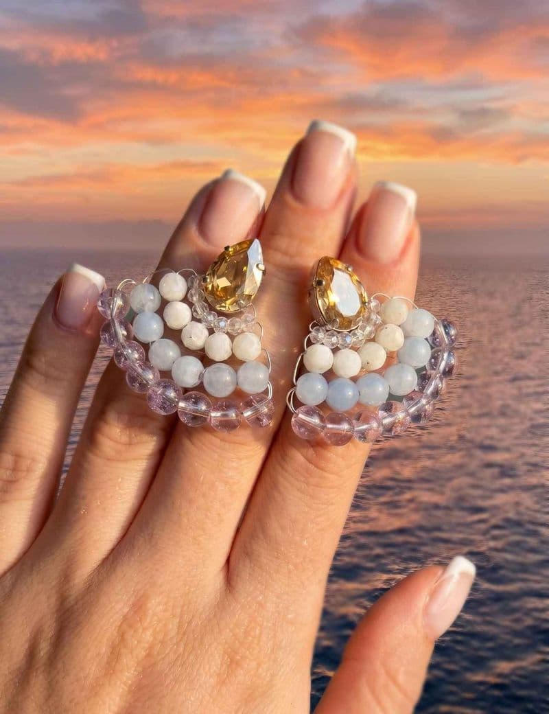 Серьги ручной работы из Кварц, Стразы Swarovski, Стекло, Лунный камень